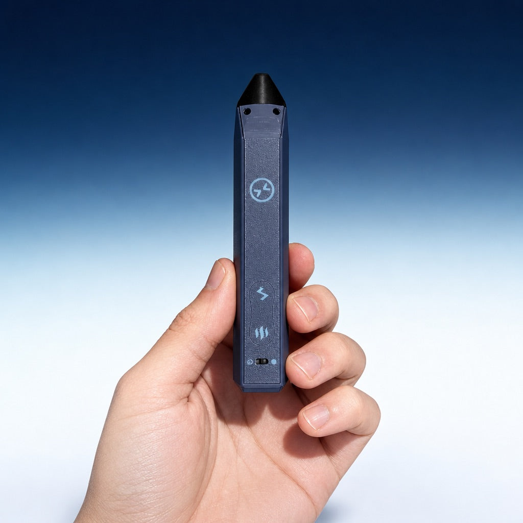 yourTMJ Pen held in a hand, showing the control face and massage tip