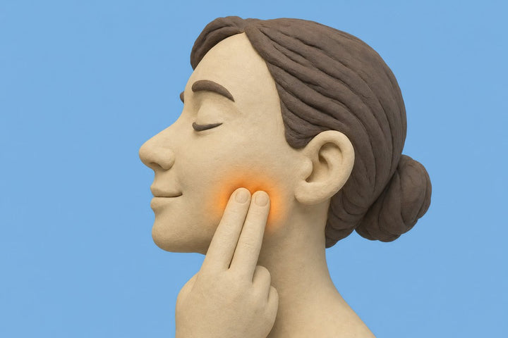 Clay face with two fingertips pressing the jaw muscle, glowing warm