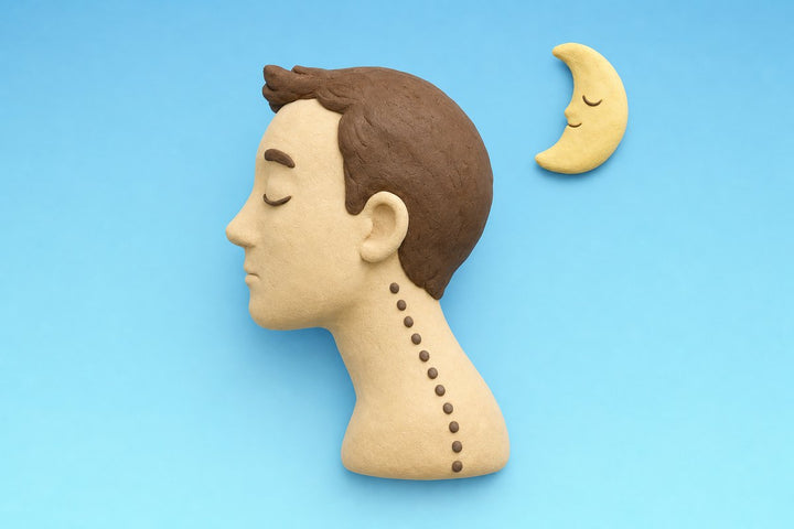 Clay head in profile with a dotted line down the neck and a sleeping moon
