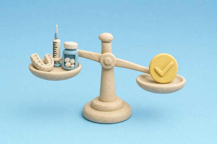 Clay balance scale weighing a splint, a syringe and pills against a checkmark