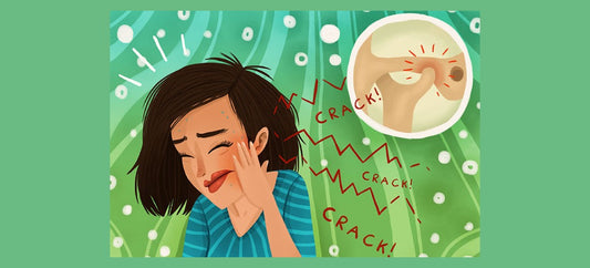 Illustrated woman experiencing TMJ jaw cracking pain with joint diagram
