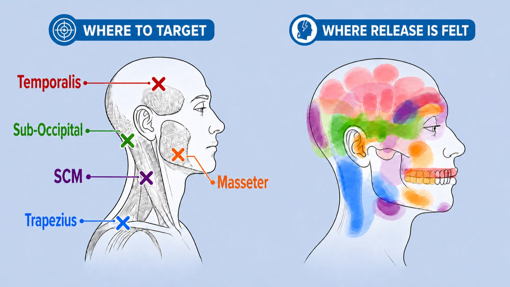 Where to target vs. where release is felt — Temporalis, Sub-Occipital, SCM, Trapezius, Masseter